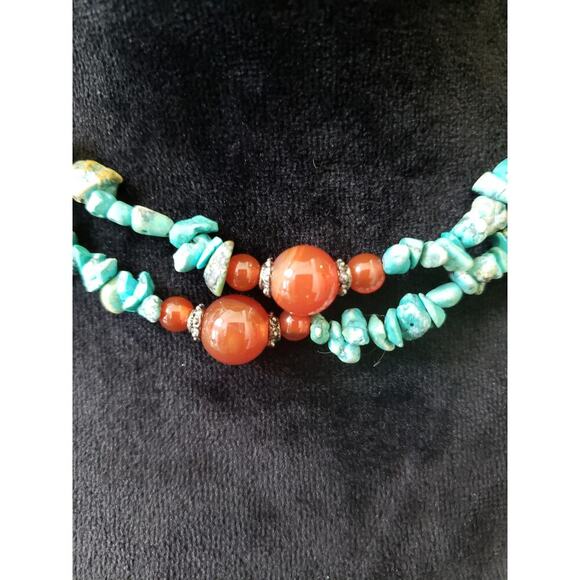 Womens Fashion 2 Strand Blue Magnesite Turquoise Coral Beads Necklace w/ Lobster - Picture 3 of 6